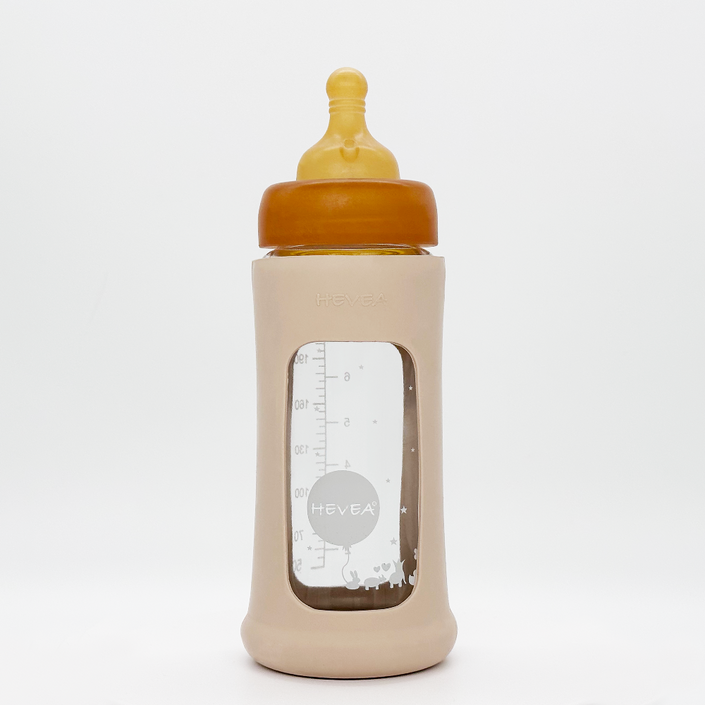 HEVEA glazen fles brede hals sand 250 ml 3 mnd+