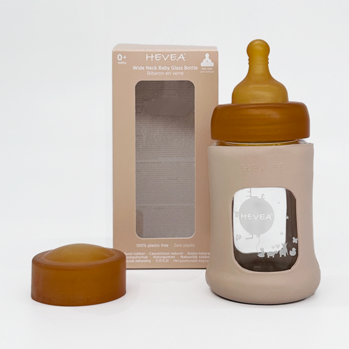 HEVEA glazen fles brede hals sand 150 ml 0 mnd+