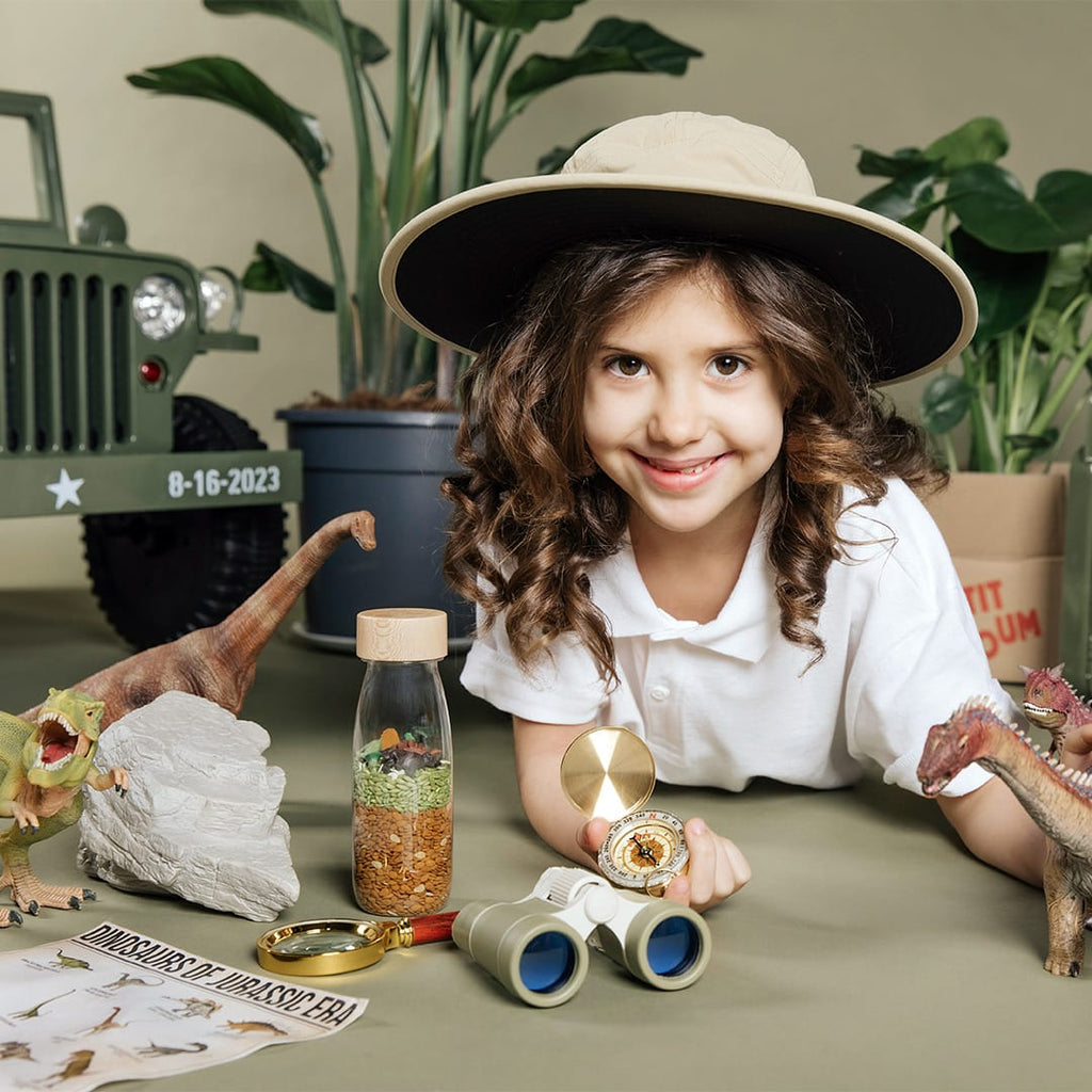 Petit Boum sensorische fles Spy Jurassic T-Rex 3 mnd+ recyclebaar plastic + esdoorn hout
