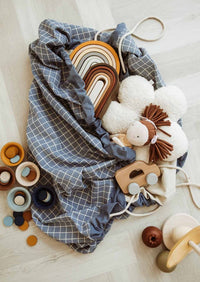Play & Go opbergzak en speelkleed organic grid blue