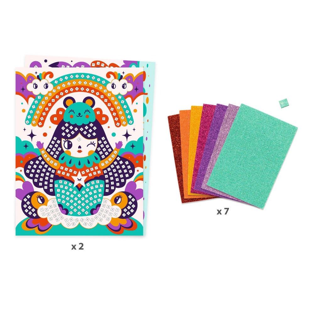 DJECO glitter mosaic kokeshi 5 yrs+ foam stickers, kartonnen prent
