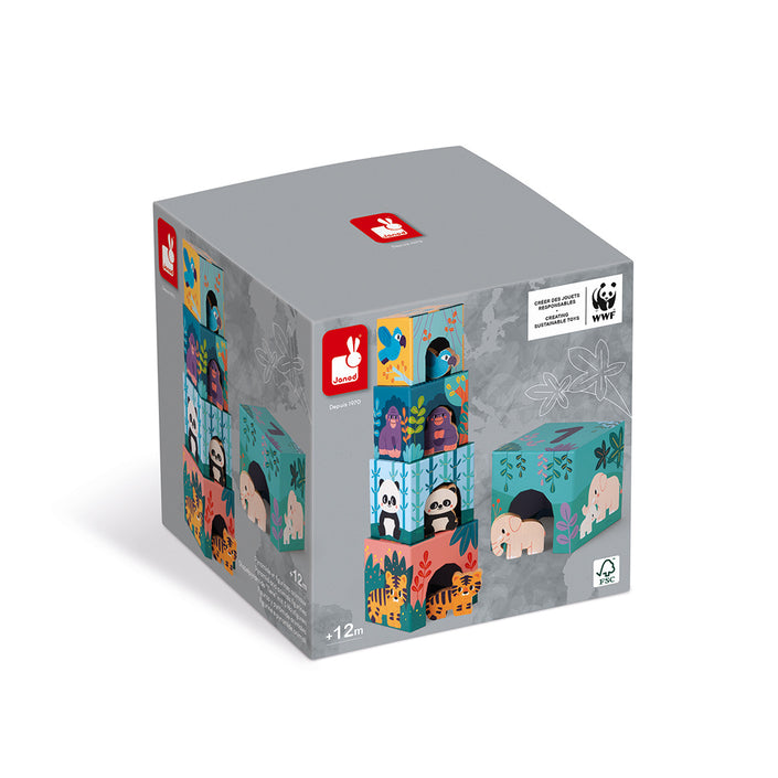 JANOD x WWF stacking tower with 5 wooden animals 1 yr+