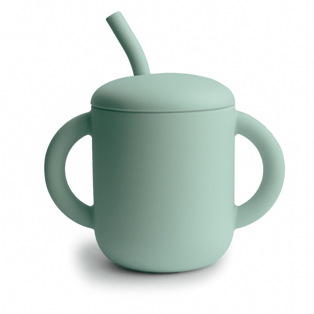 Mushie silicone sippy cup with ears cambridge blue